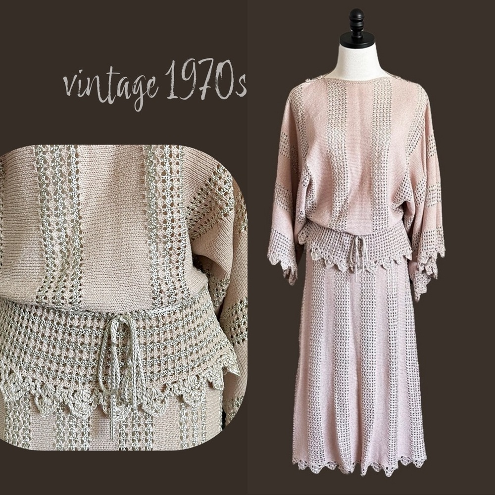 Vintage Pale Pink Crochet Knit Two-Piece Dress Set